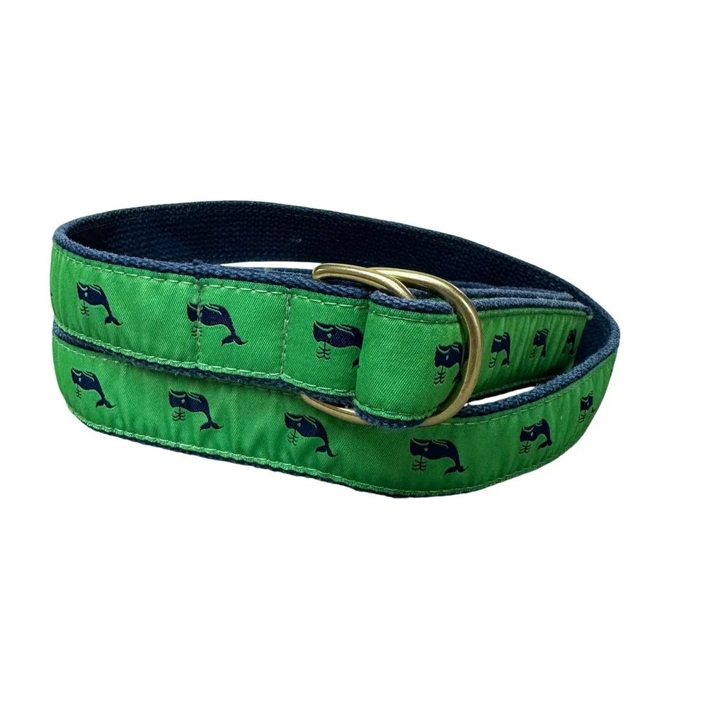 Preston of New England Mens XL Whale D-Ring Belt Green Navy Blue Canvas USA Made
